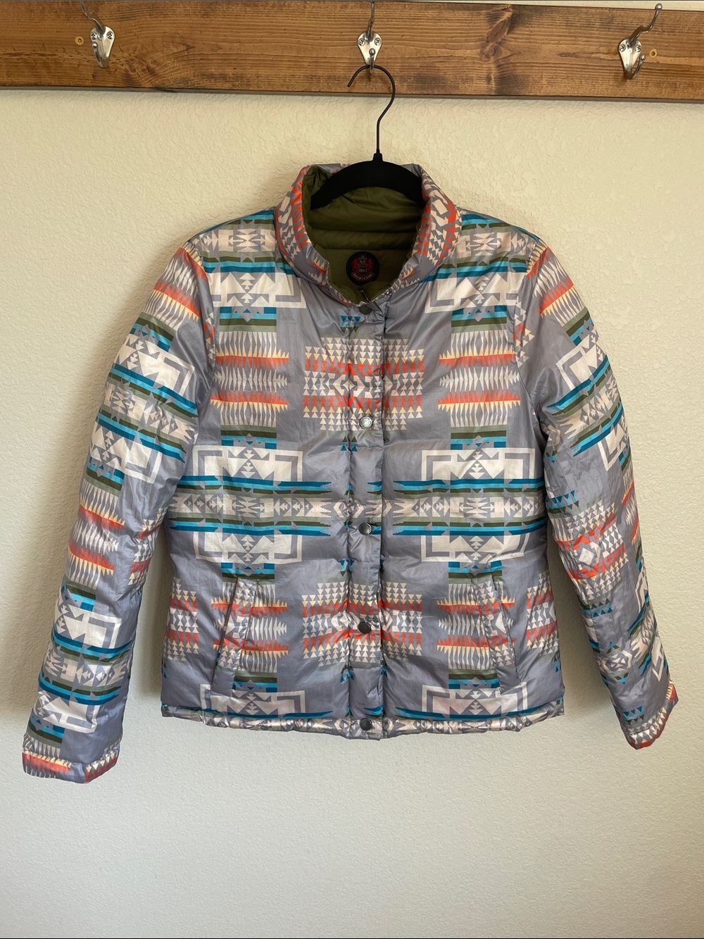 Pendleton Reversible Down Packable Aztec-Print Green Puffer Jacket S Outerwear